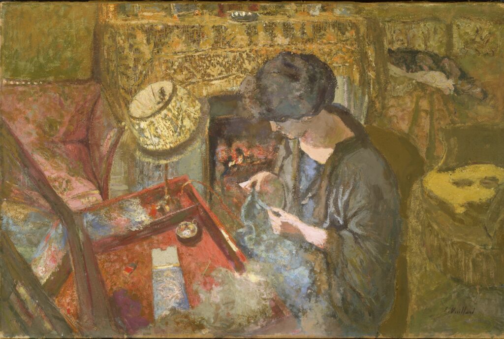 Painting of a woman hand sewing at a table