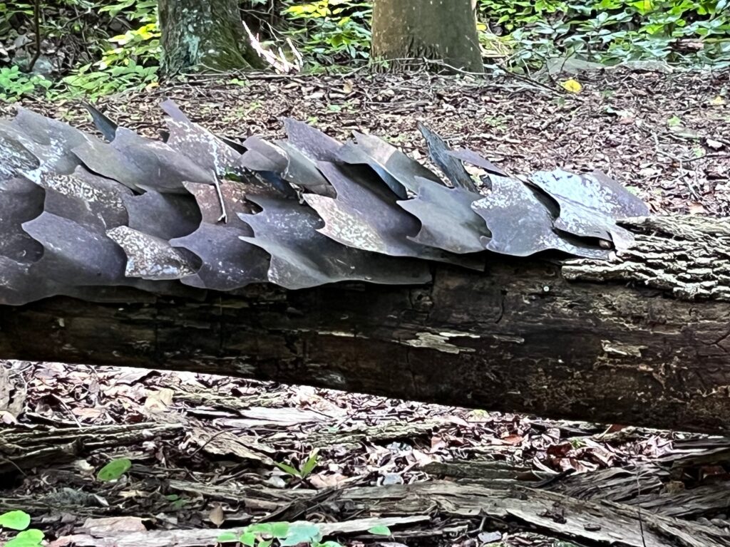 A horizontal tree trunk with metal sheaths embedded on top to look like dragon scales.